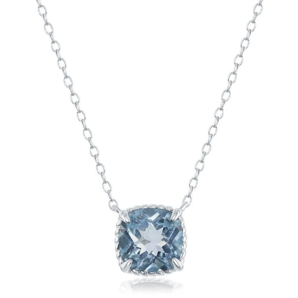 Sterling Silver Four-Prong Square Blue Topaz with Rope Design Border Necklace 
