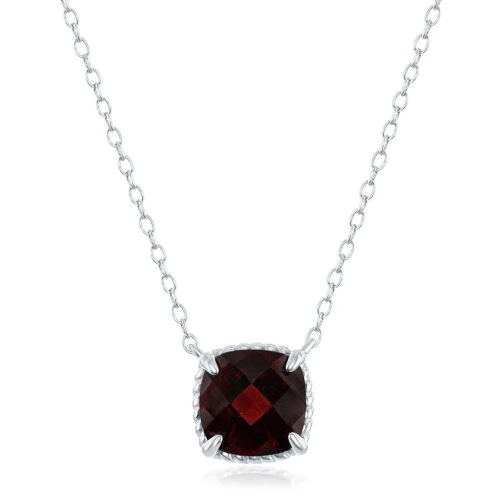 Sterling Silver Four-Prong Square Garnet with Rope Design Border Necklace 