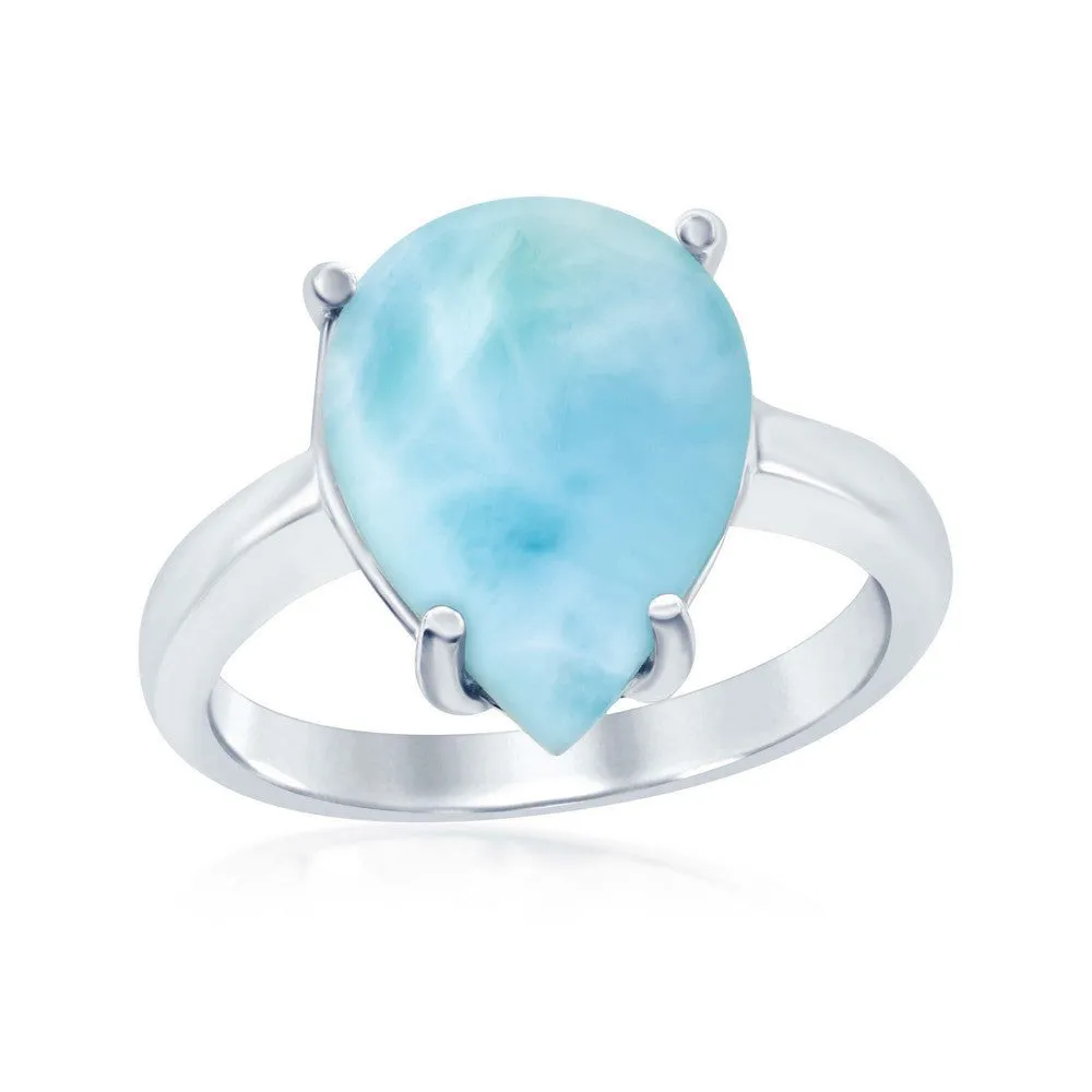 Sterling Silver Four-Prong Teardrop Larimar Ring, Size 9 
