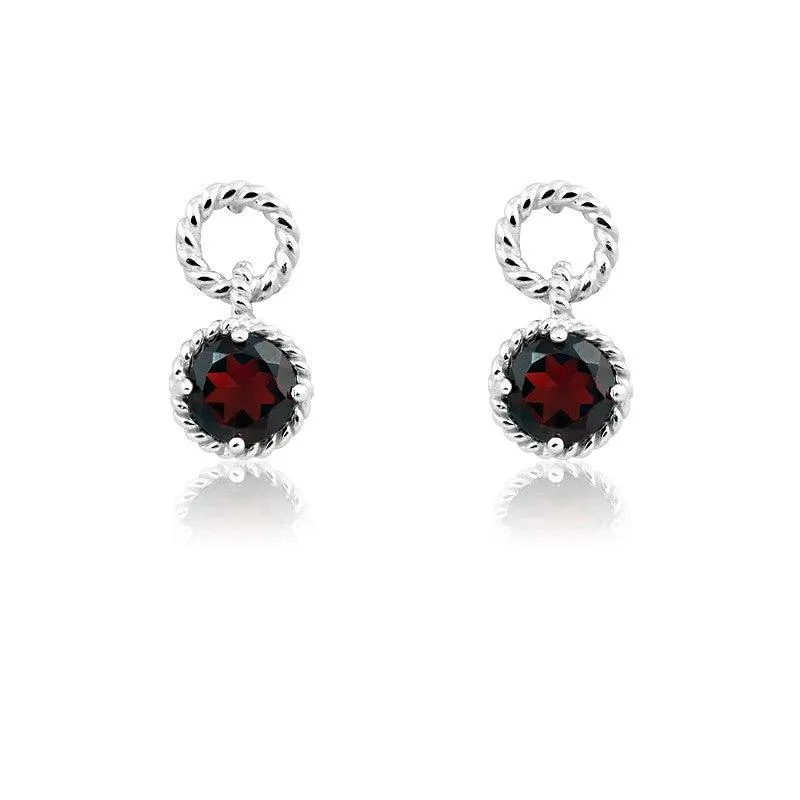 Sterling Silver Garnet Gemstone Twisted Wire Circle Earrings 