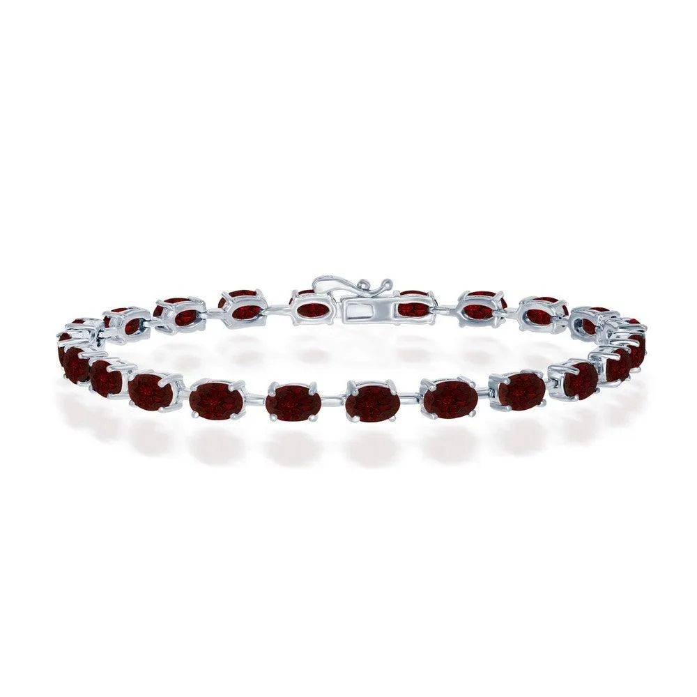 Sterling Silver Garnet Oval Gemstone Link Tennis Bracelet 