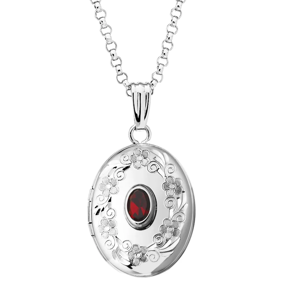 Sterling Silver Garnet Oval Locket Necklace 