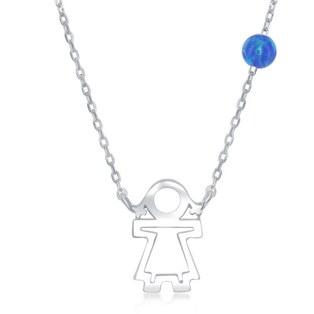 Sterling Silver Girl Cut-out with Blue Opal Bead Necklace 