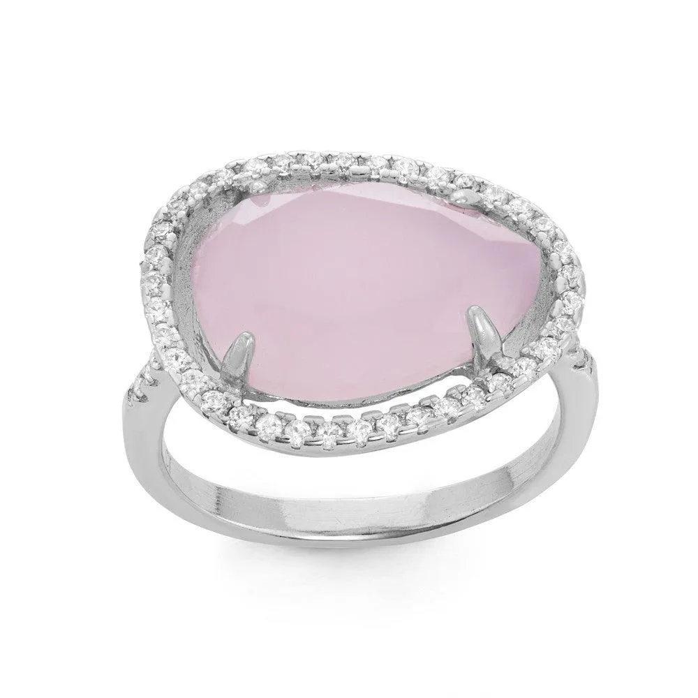 Sterling Silver Large Rose Quartz Teardrop with CZ Ring, Size 8 