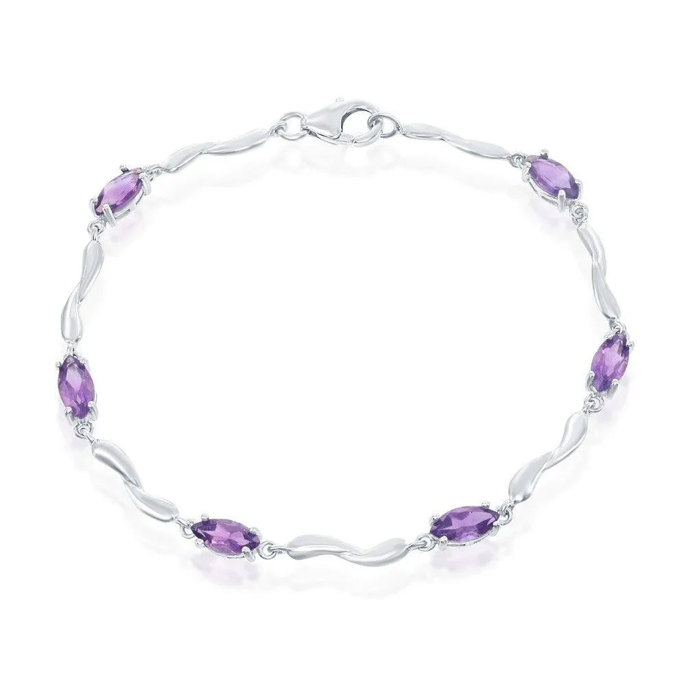 Sterling Silver Marquise Shaped Amethyst Gemstone Bracelet, 7.25" 