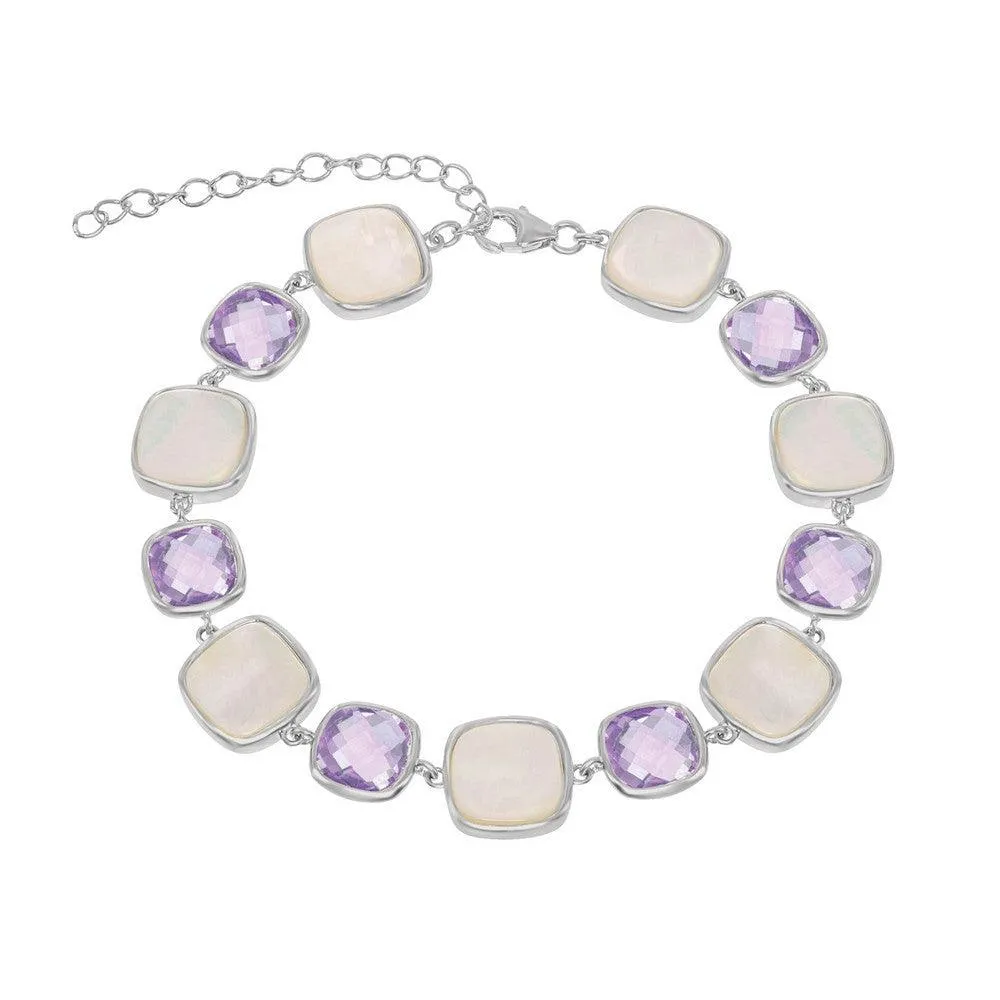 Sterling Silver MOP and Amethyst Square Bracelet, 7.25" 