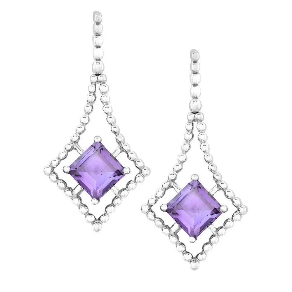 Sterling Silver Open Beaded Square with Center Square Amethyst Earrings 