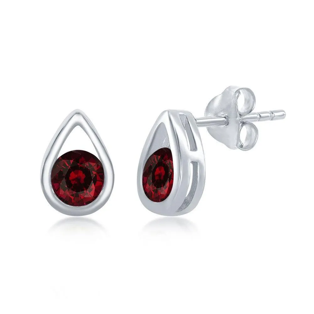 Sterling Silver Open Pear shape Garnet Stud Earrings 