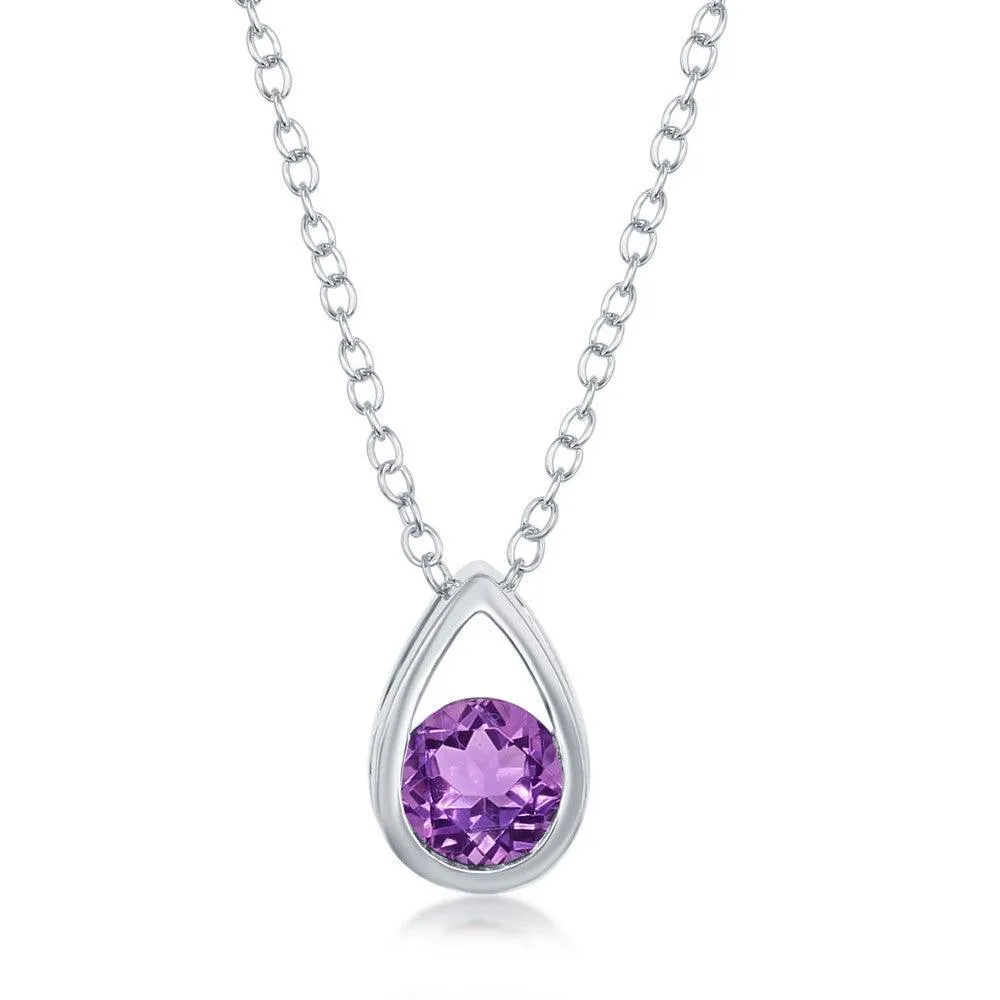 Sterling Silver Open Pear Shaped Round Amethyst Necklace 