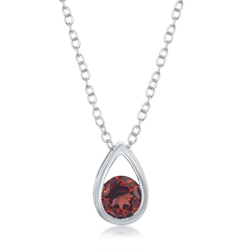 Sterling Silver Open Pear Shaped Round Garnet Necklace 
