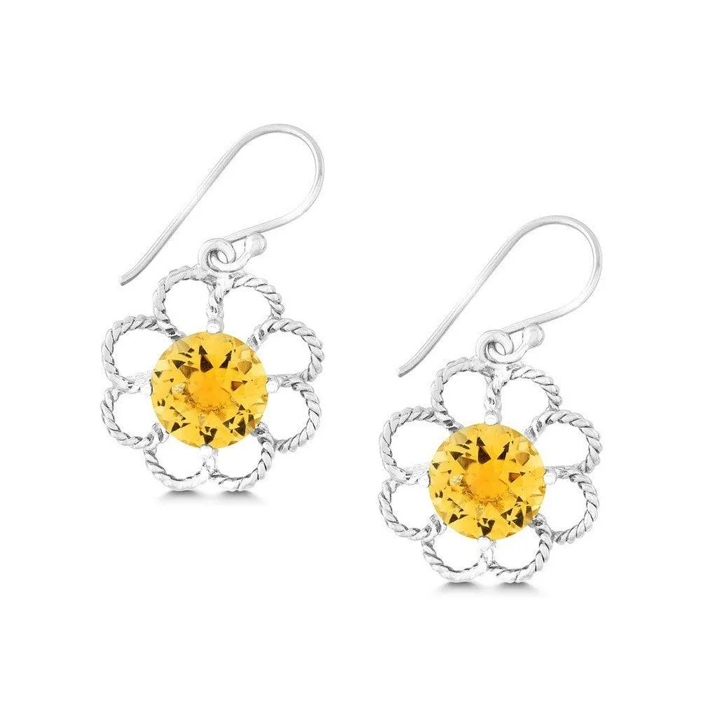 Sterling Silver Open Petal Flower with Center Round Citrine Earrings 