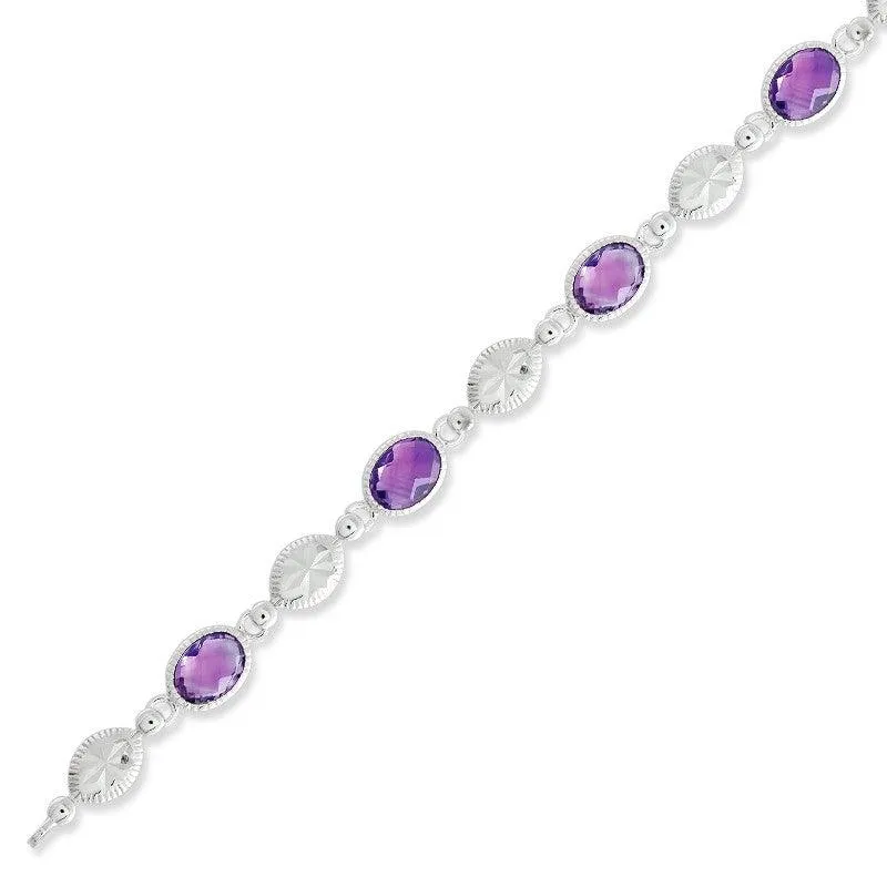 Sterling Silver Oval Amethyst Gemstone Bracelet, 7" 