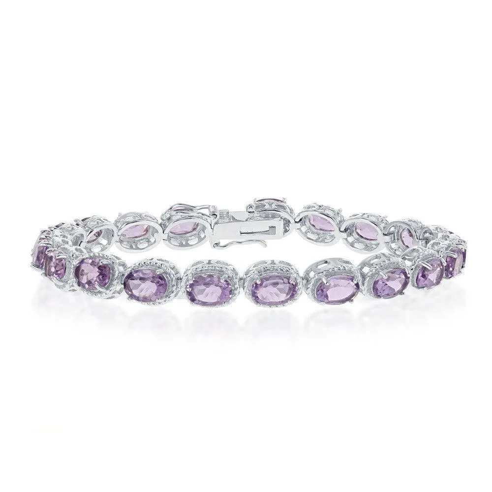 Sterling Silver Oval Amethyst with Rope Border Bracelet, 7.5" 