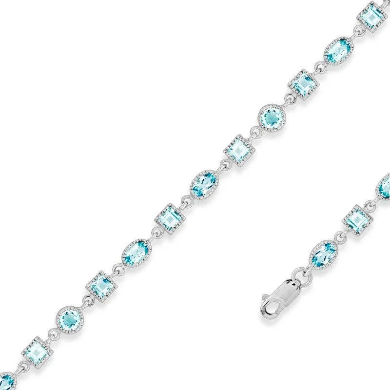 Sterling Silver Oval and Square Blue Topaz Gem Bracelet, 7.5" 