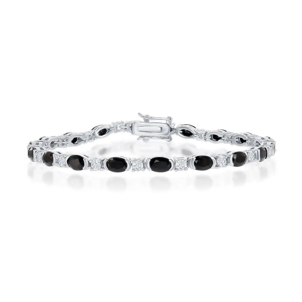 Sterling Silver Oval Black Spinel and Round White Topaz Bracelet 