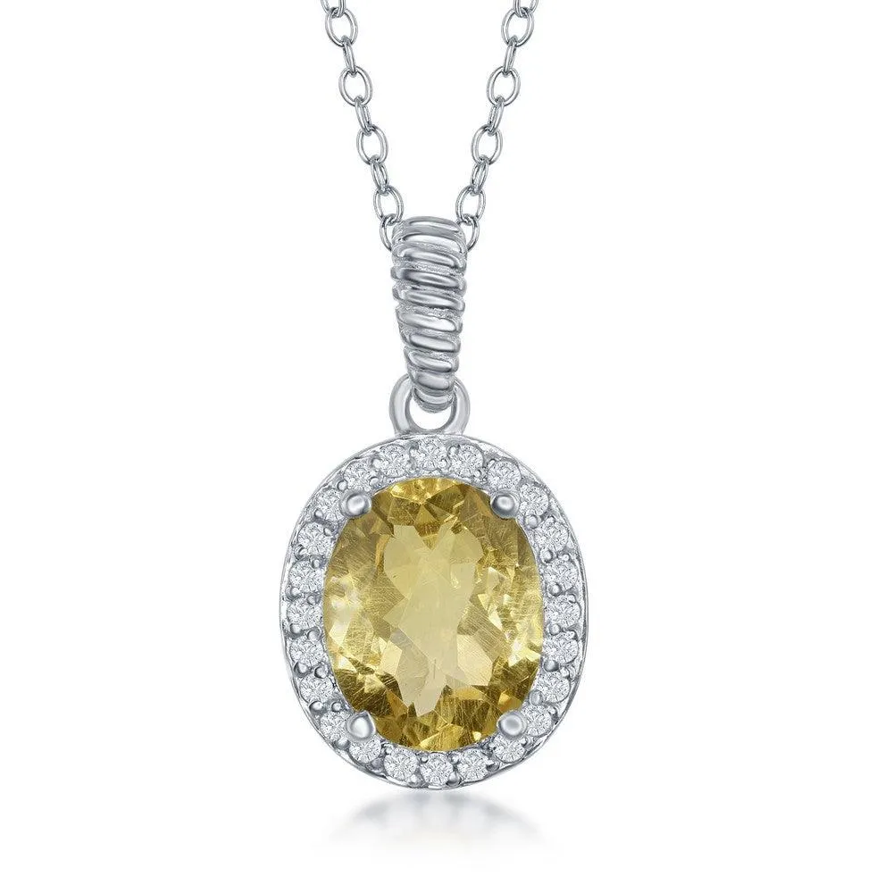 Sterling Silver Oval Citrine with White Topaz Border Necklace 