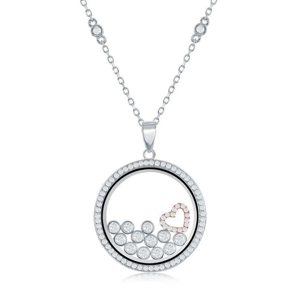 Sterling Silver RG Floating Heart & Round CZ's in a Disc Necklace