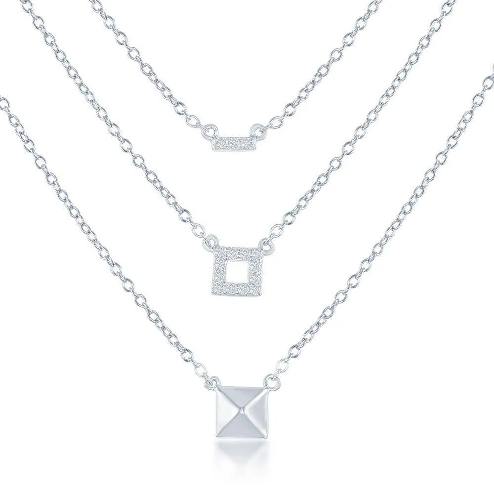 Sterling Silver Square Triple Chain with CZ Necklace