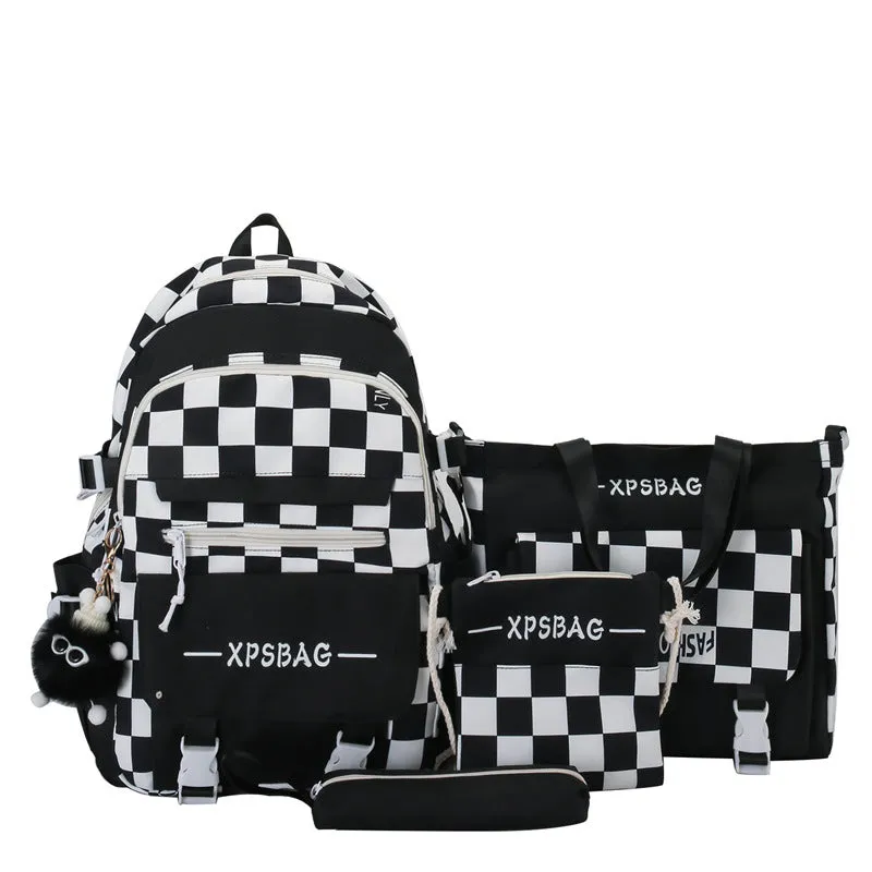 Student Backpack Checkerboard Backpack 4-piece Set