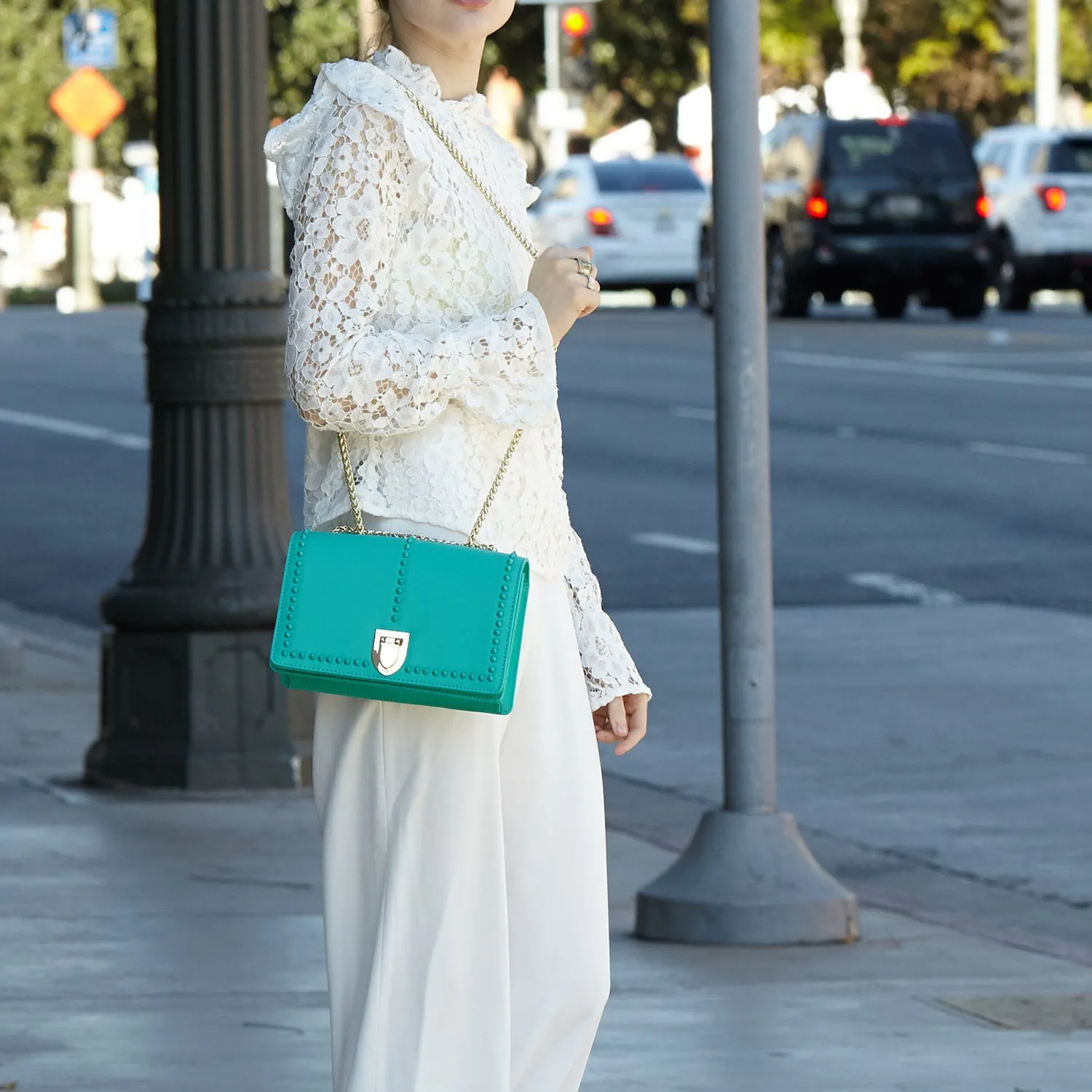 SUSU Josie Green Leather Shoulder Bag With Chain Strap