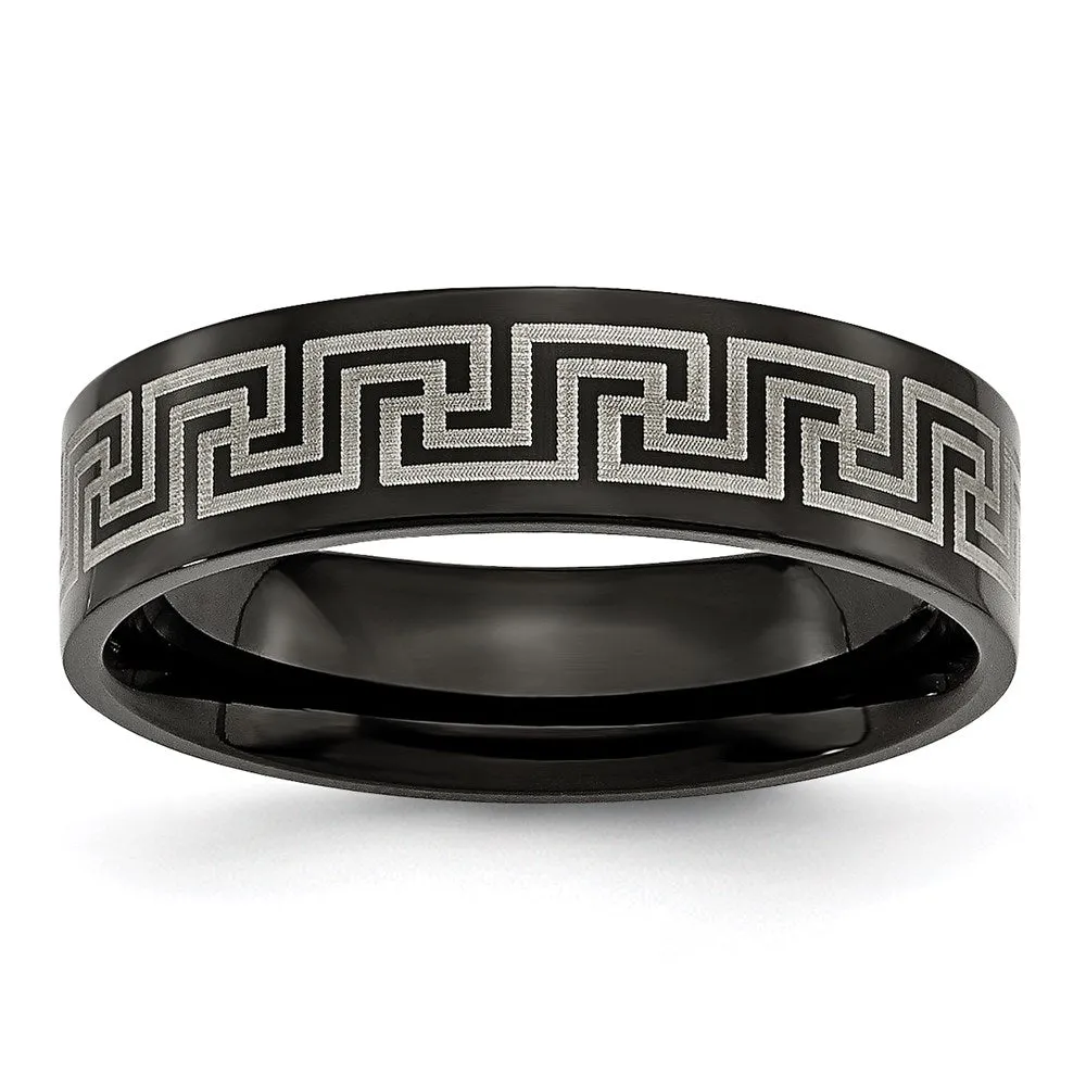 Titanium Black IP-plated Greek Key Laser Etched 6mm Brushed/Polished Band | TB363