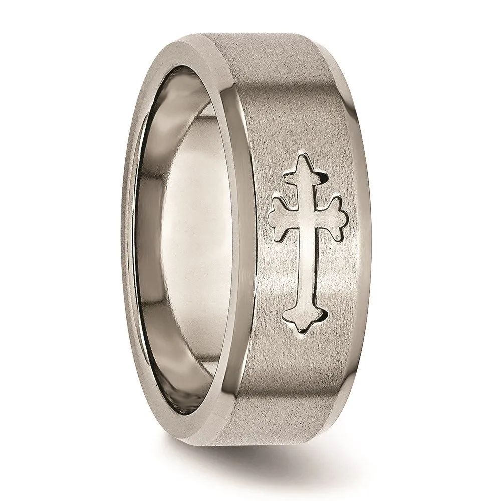 Titanium Cross Design 8mm Satin Beveled Edge Band | TB335