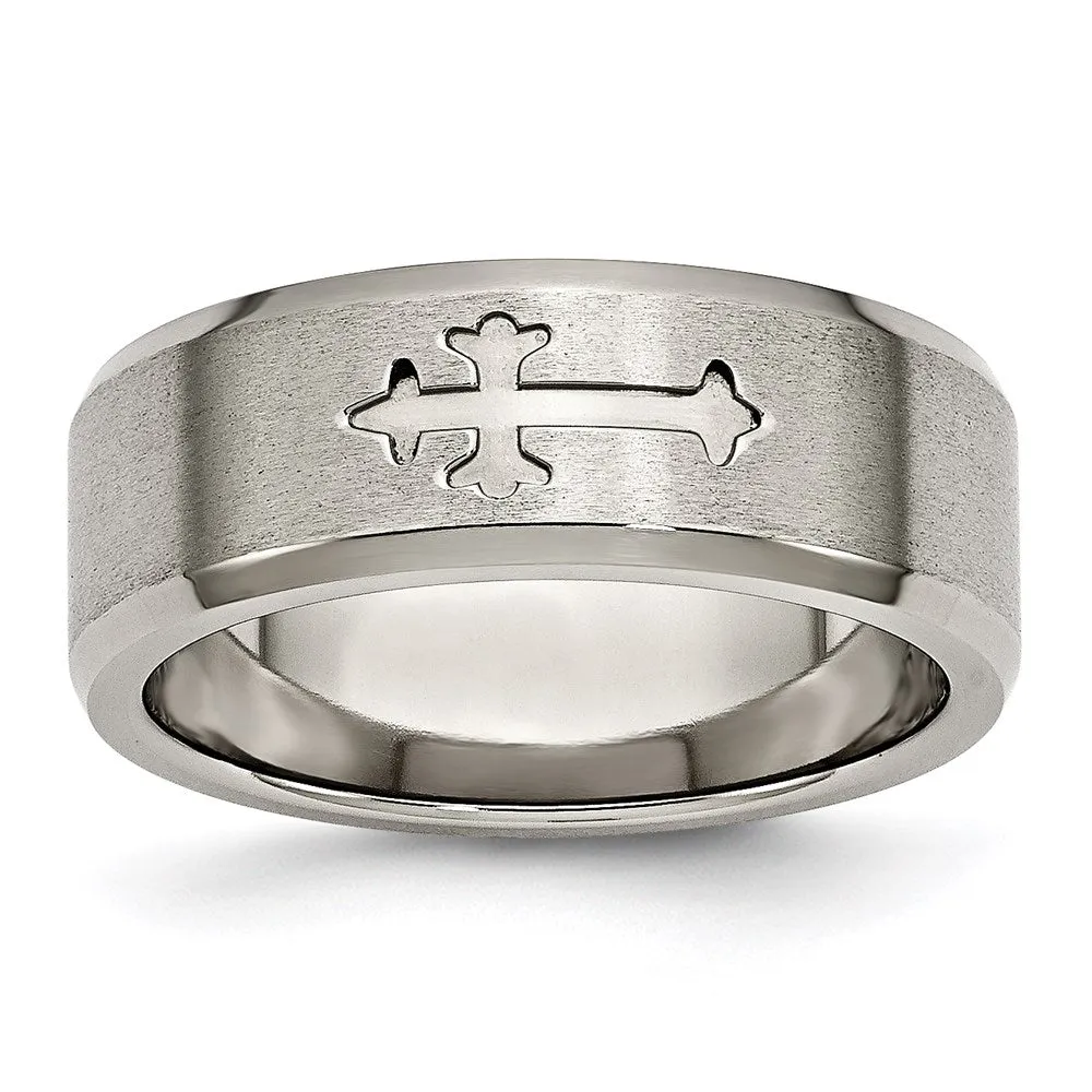 Titanium Cross Design 8mm Satin Beveled Edge Band | TB335 