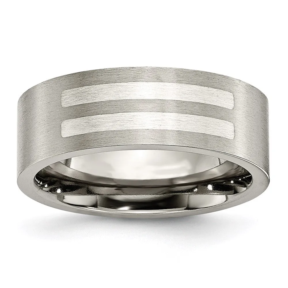 Titanium Flat 8mm Sterling Silver Inlay Brushed Band | TB370
