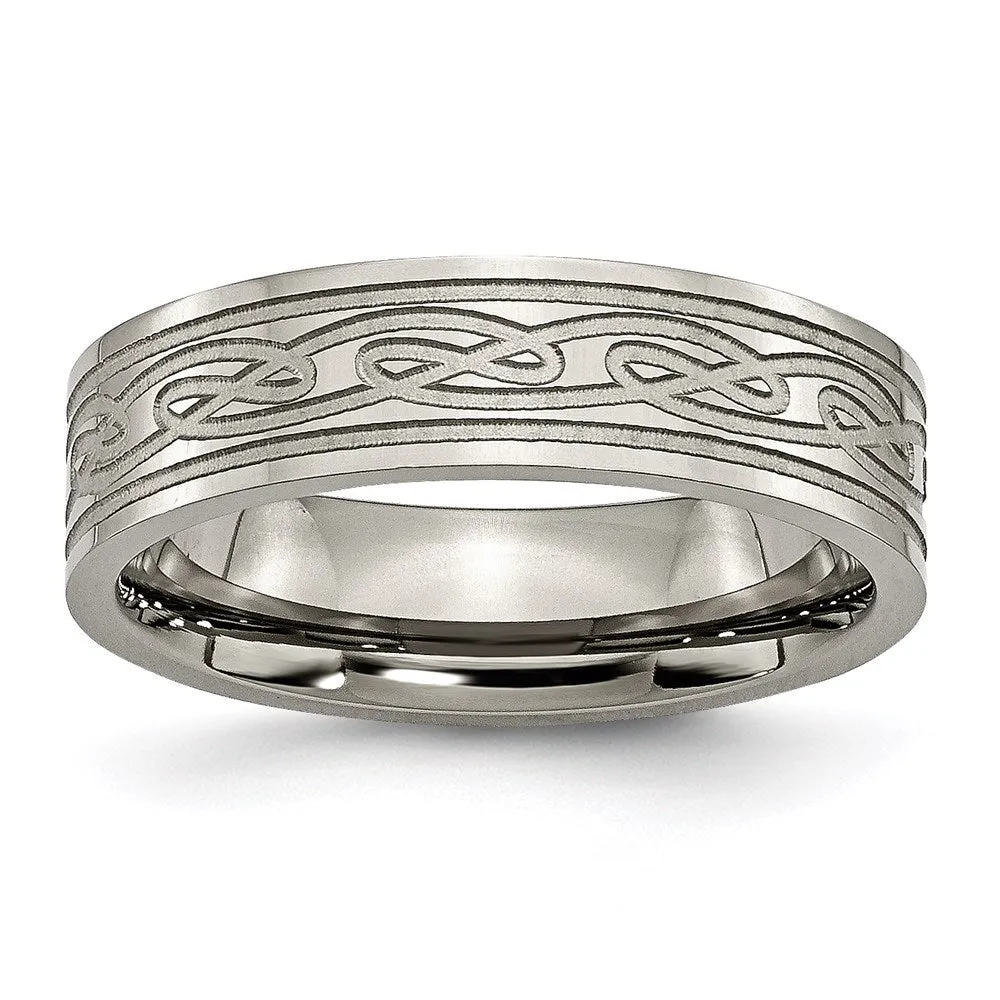 Titanium Flat Laser Etched Celtic Knot 6mm Polished Band | TB204