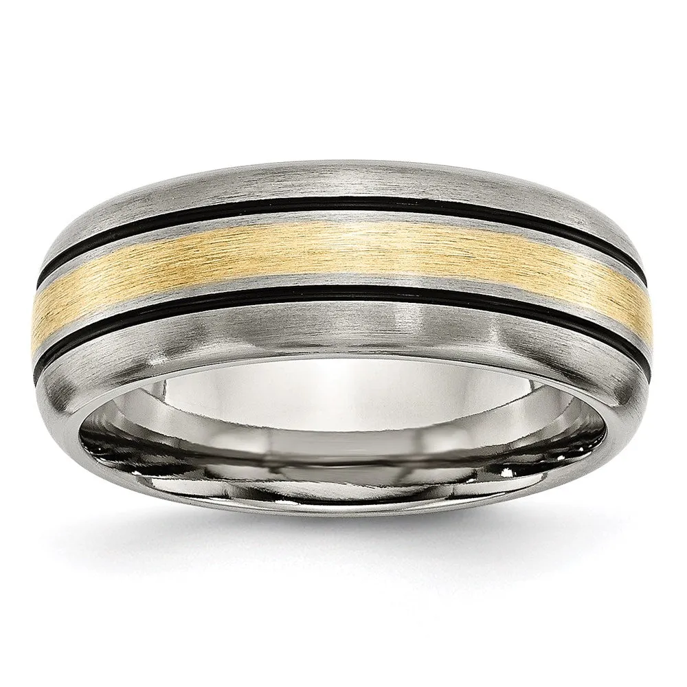 Titanium Grooved 14k Yellow Inlay 8mm Brushed and Antiqued Band | TB109 