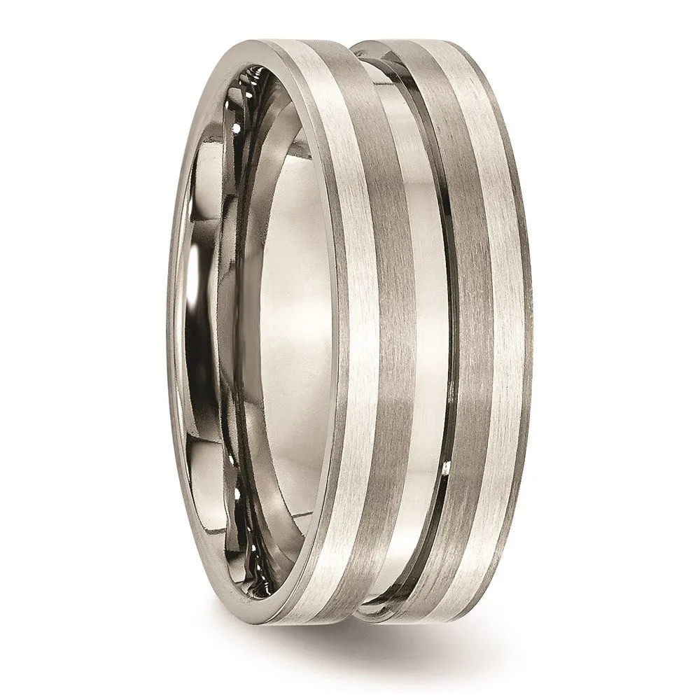 Titanium Grooved Sterling Silver Inlay 8mm Brushed Band | TB215