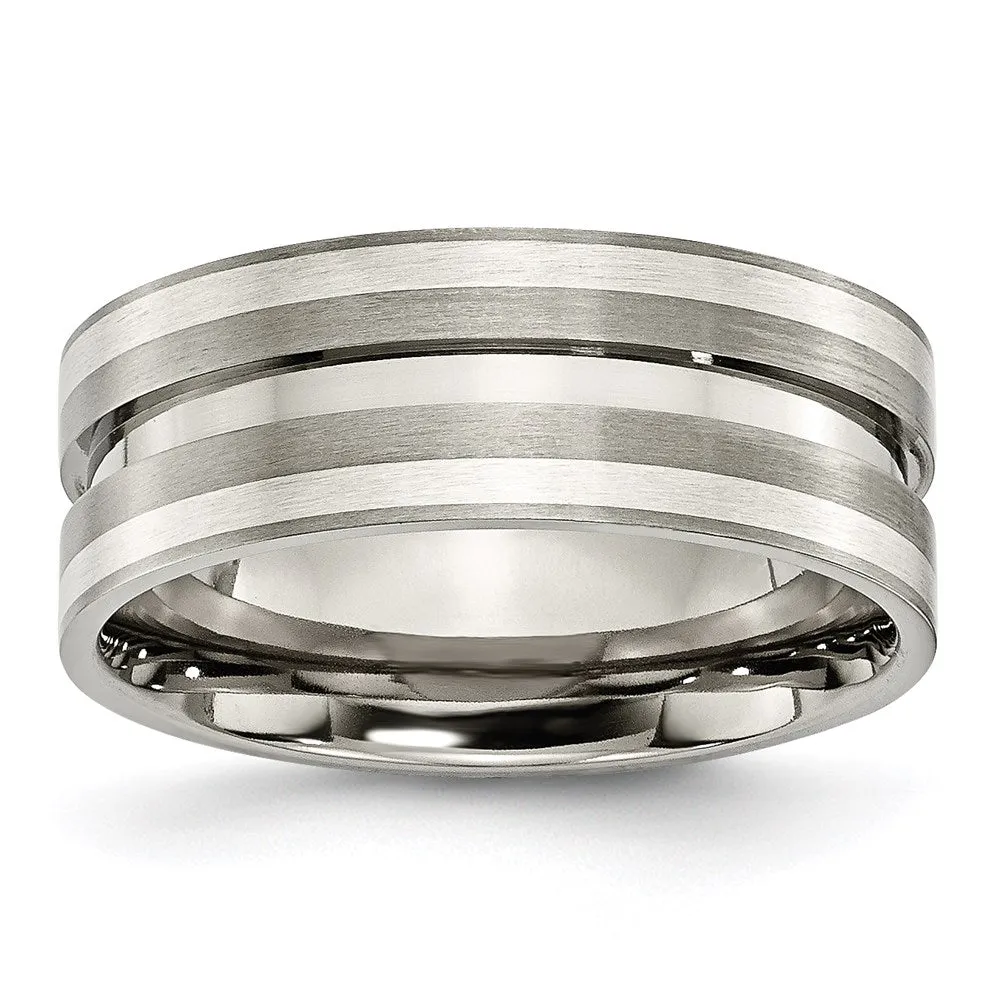 Titanium Grooved Sterling Silver Inlay 8mm Brushed Band | TB215 