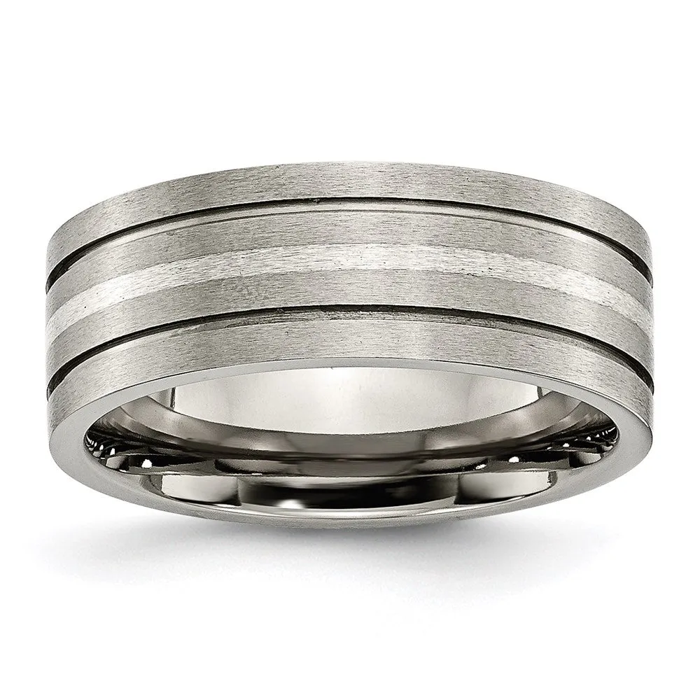 Titanium Grooved Sterling Silver Inlay 8mm Brushed Band | TB372