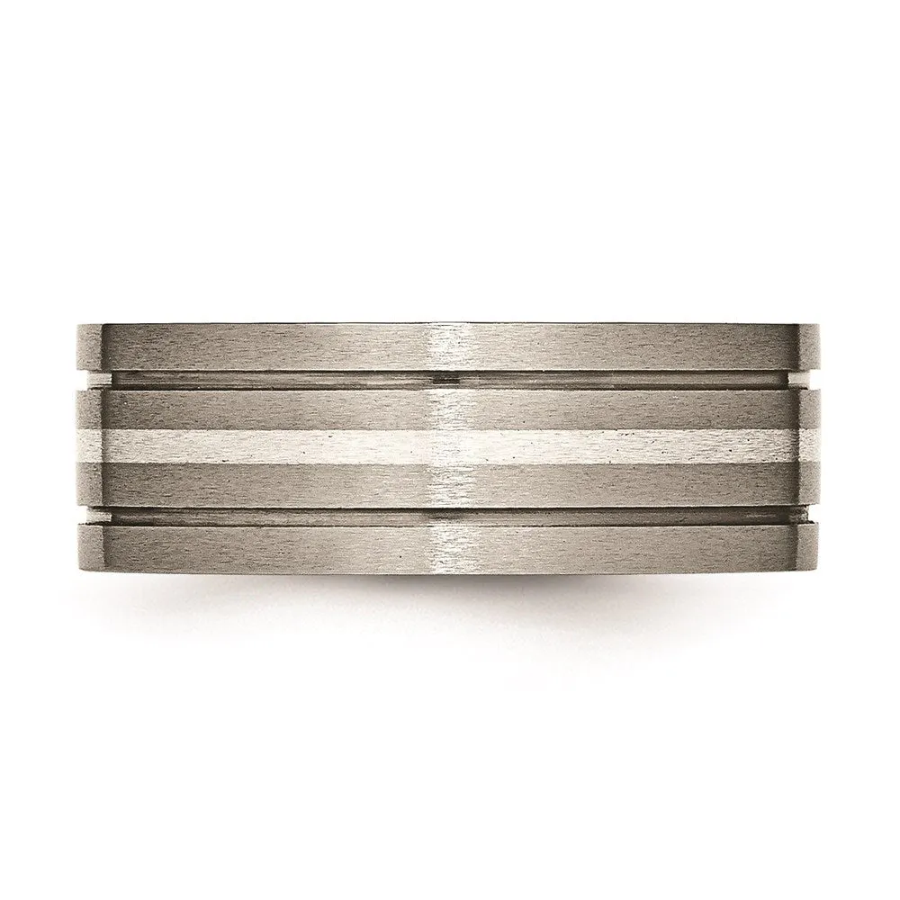 Titanium Grooved Sterling Silver Inlay 8mm Brushed Band | TB372