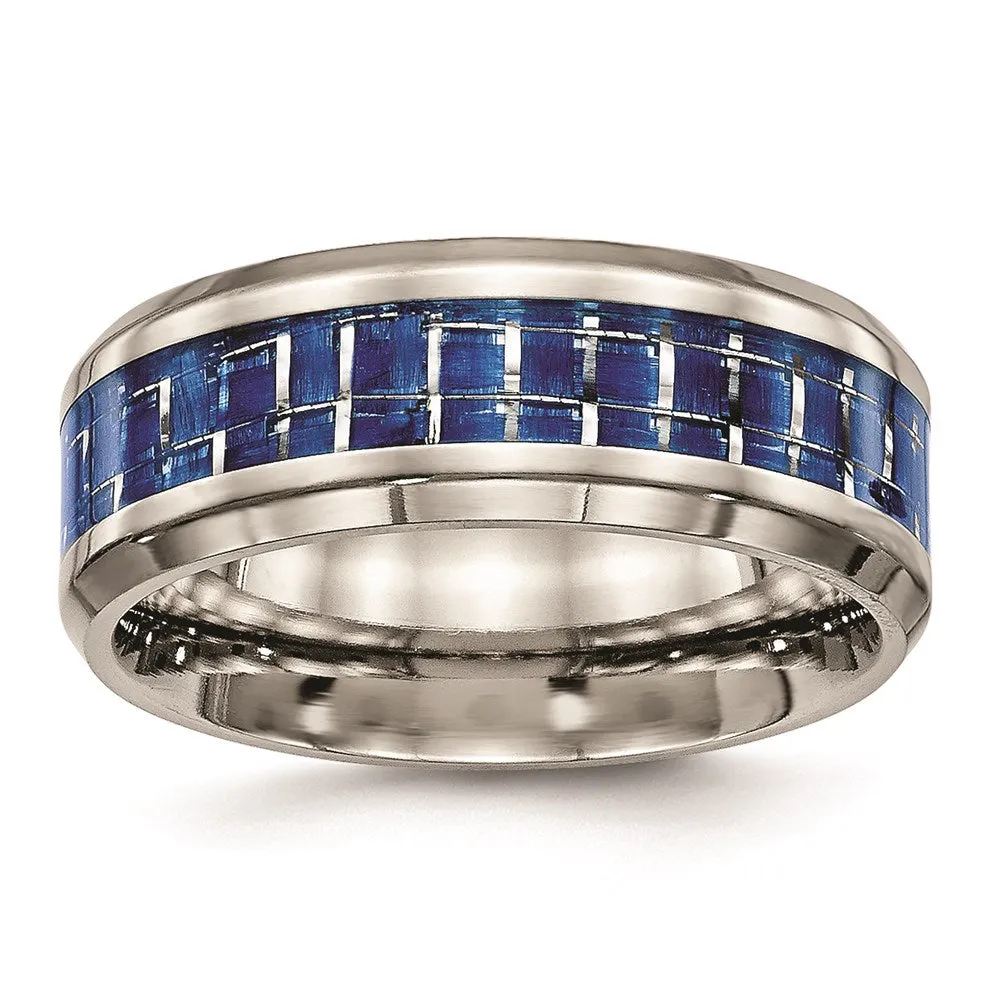 Titanium Polished Blue/White Carbon Fiber Inlay Ring | TB466 