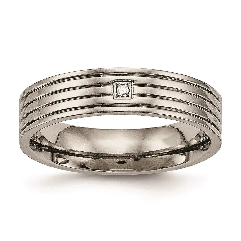 Titanium Polished Grooved Comfort Back CZ Ring | TB474