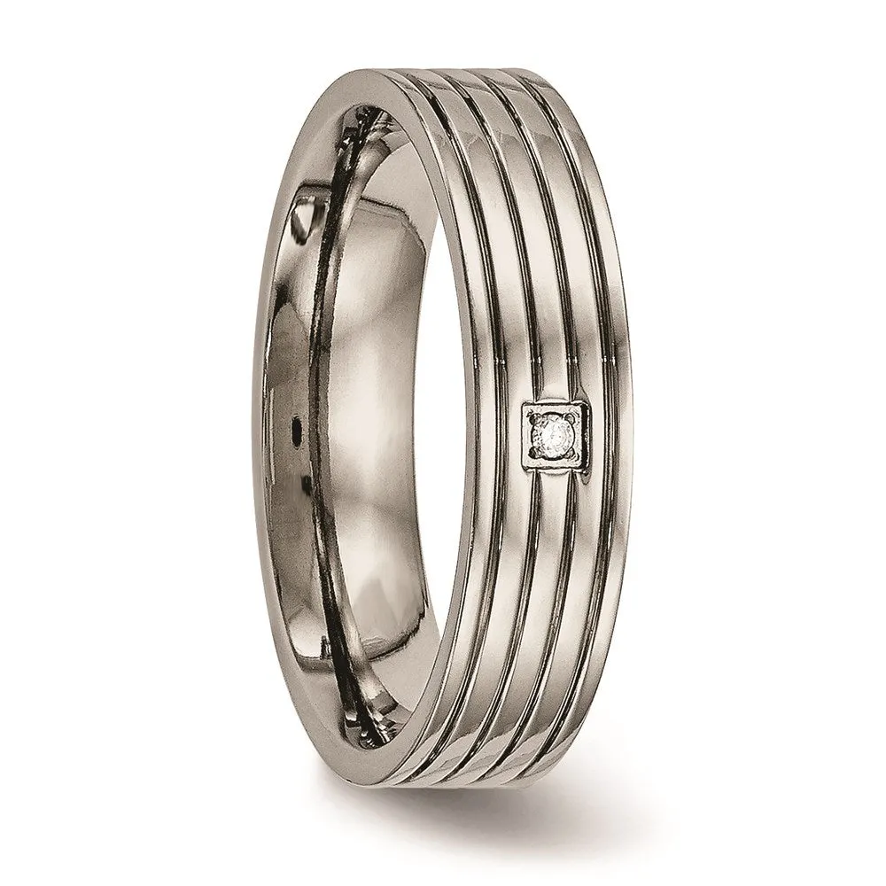 Titanium Polished Grooved Comfort Back CZ Ring | TB474