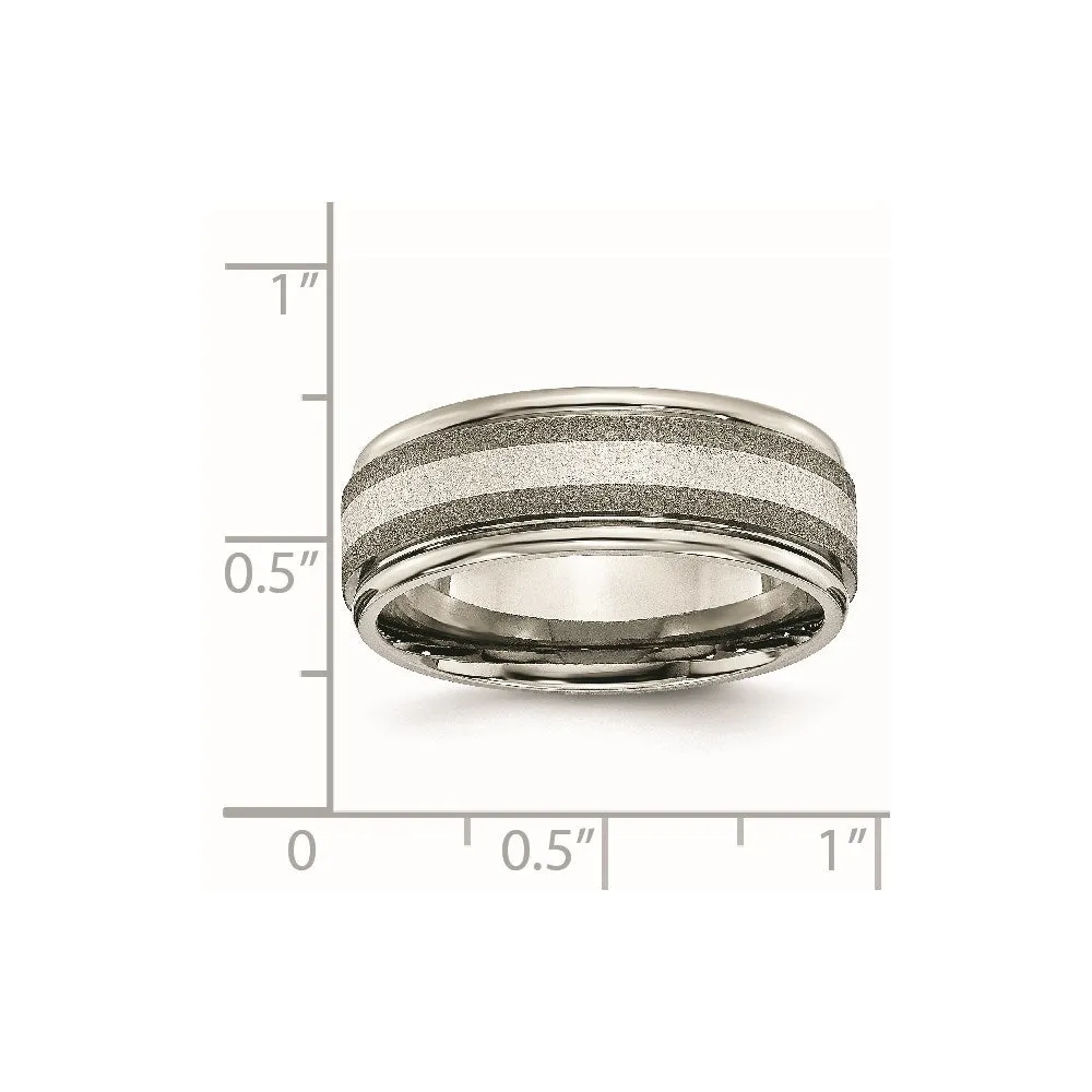 Titanium Polished /Stone Finish Center Grooved Edge Sterling Inlay Band | TB83