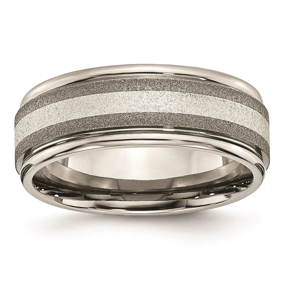 Titanium Polished /Stone Finish Center Grooved Edge Sterling Inlay Band | TB83