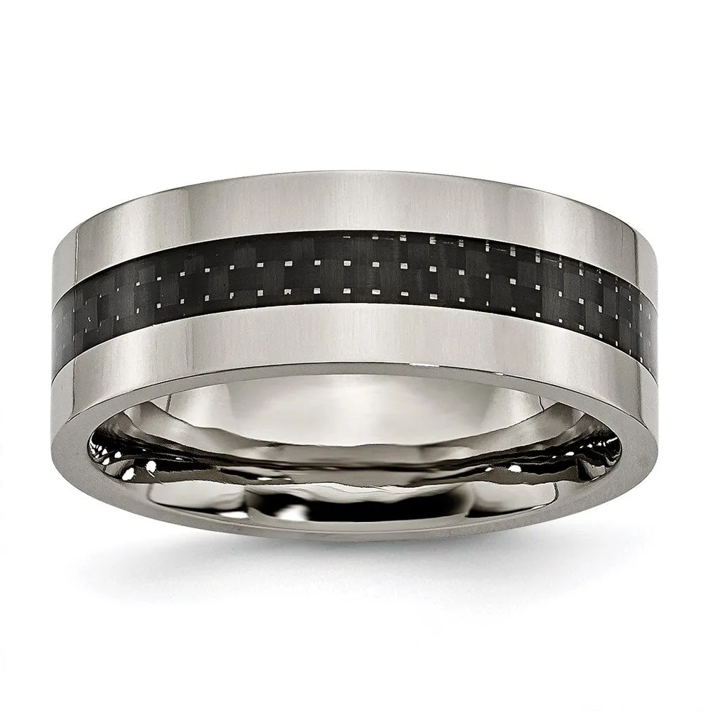 Titanium Polished w/Black Carbon Fiber Inlay Flat 8mm Band | TB177 