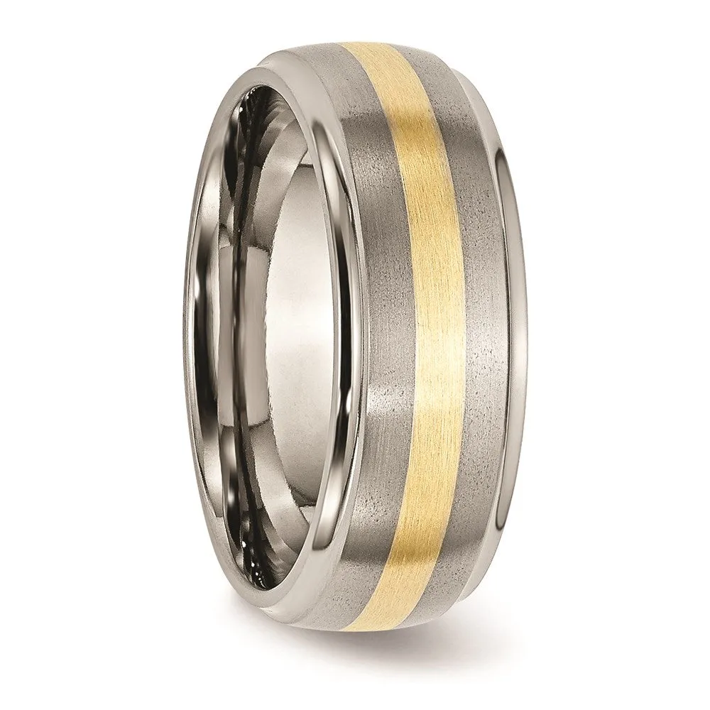 Titanium Ridged Edge 14k Yellow Inlay 8mm Brushed/Polished Band | TB102