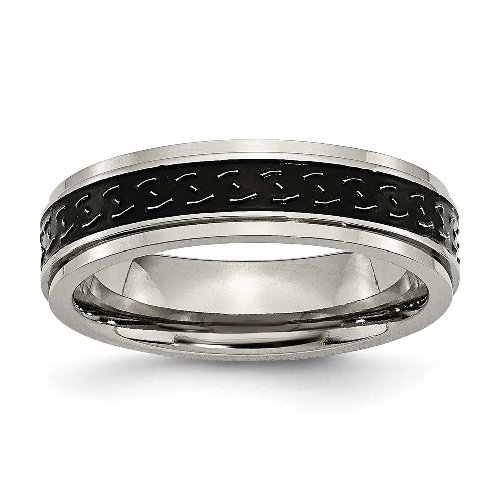 Titanium Ridged Edge Black Enamel Braid Design 6mm Polished Band | TB193