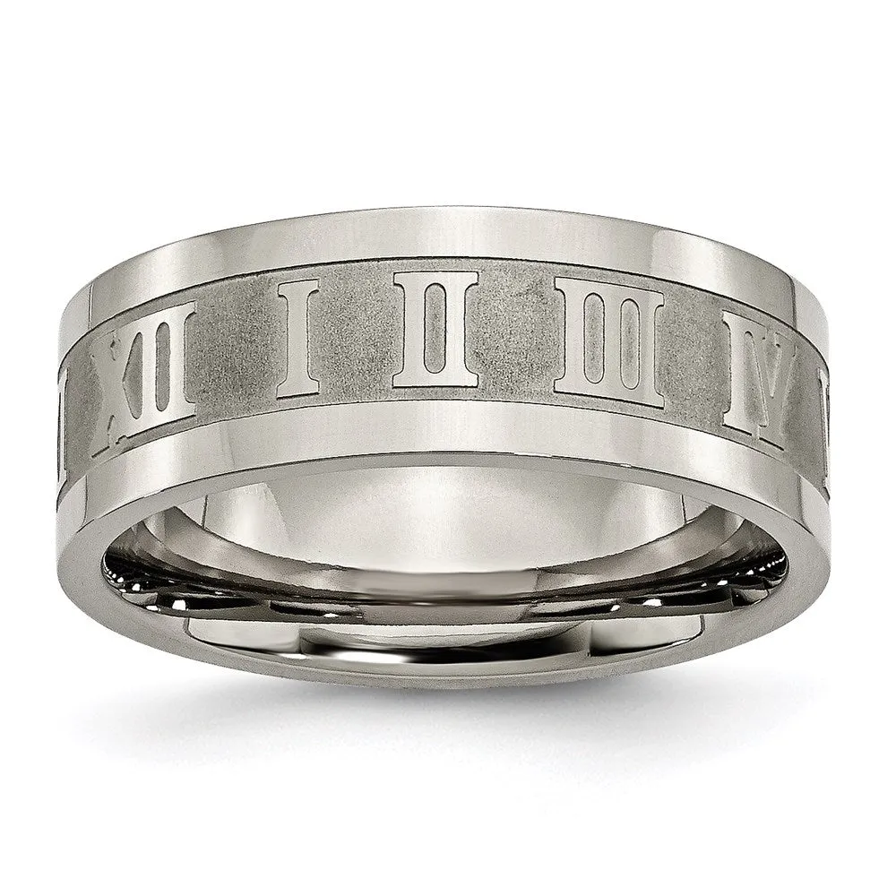 Titanium Roman Numerals 8mm Satin & Polished Flat Band | TB346 