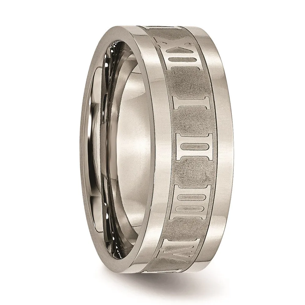 Titanium Roman Numerals 8mm Satin & Polished Flat Band | TB346