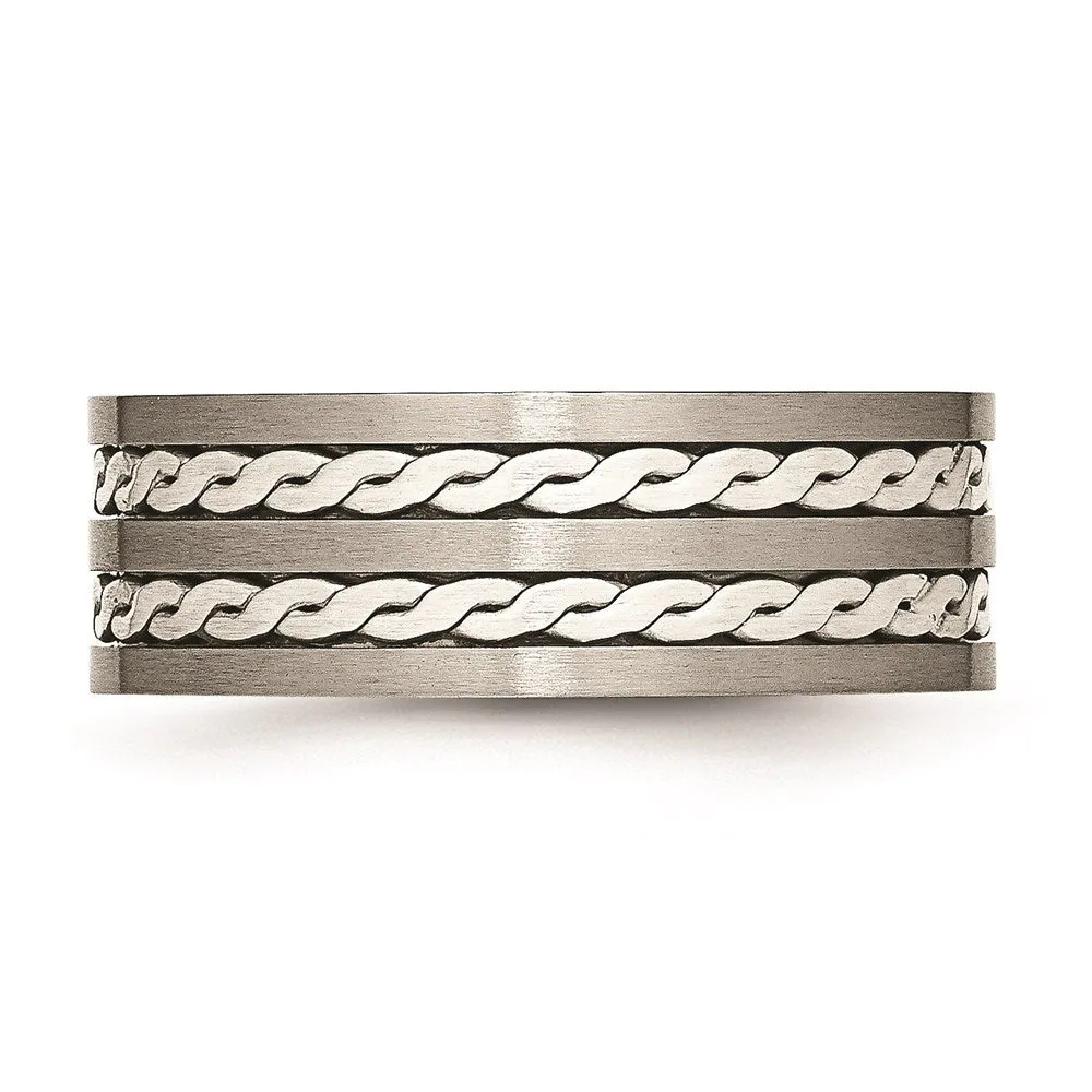 Titanium Sterling Silver Braided Inlay 8mm Brushed and Antiqued Band | TB216