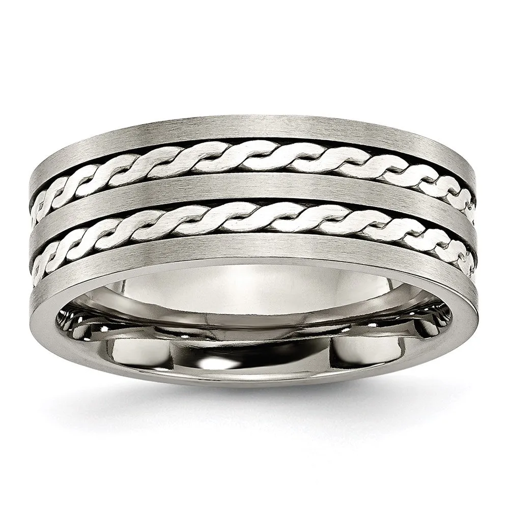 Titanium Sterling Silver Braided Inlay 8mm Brushed and Antiqued Band | TB216 