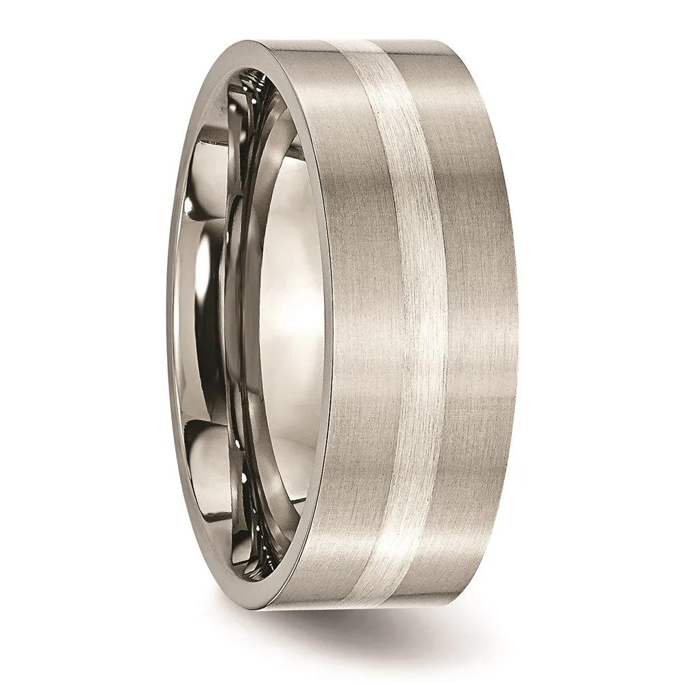 Titanium Sterling Silver Inlay Flat 8mm Brushed Band | TB207