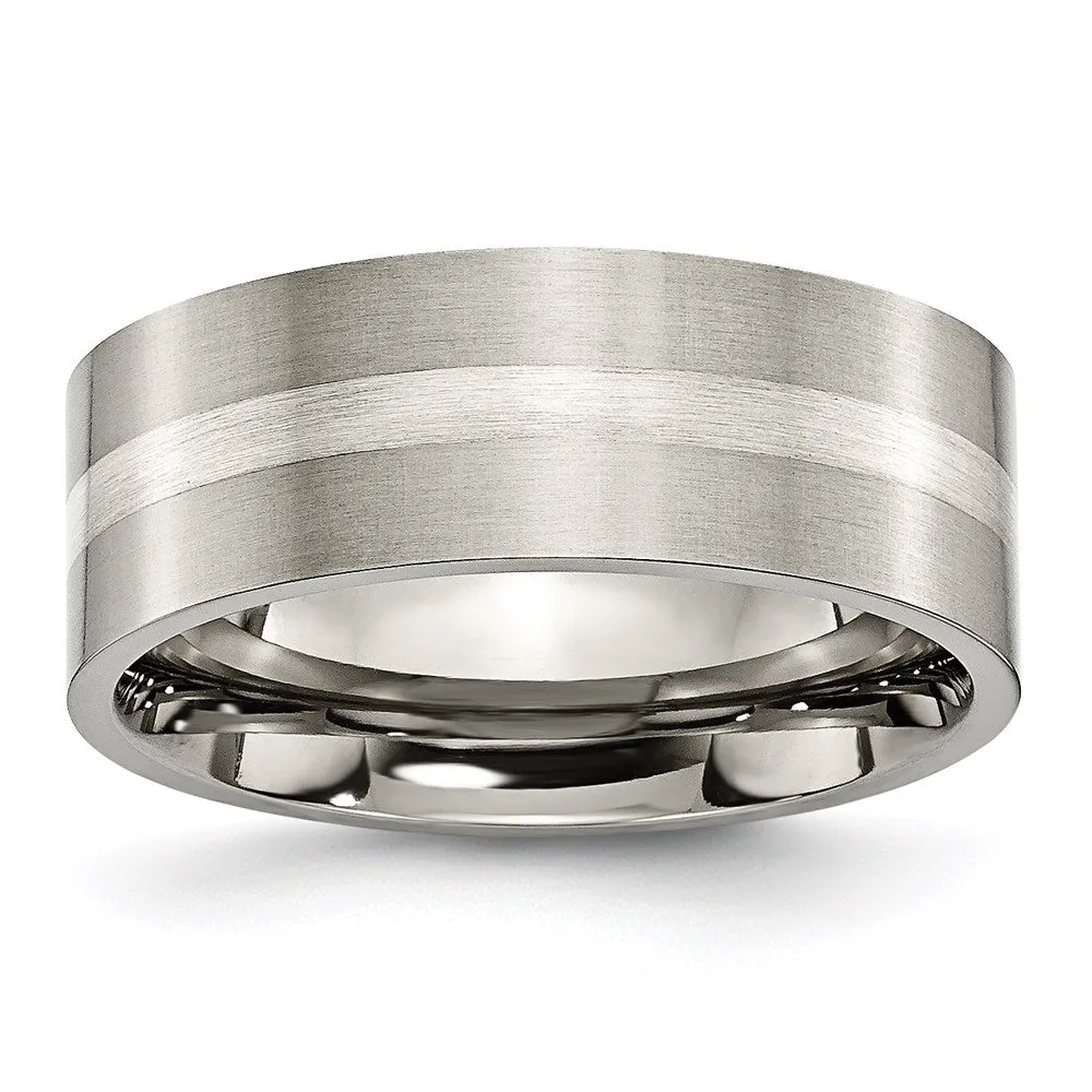 Titanium Sterling Silver Inlay Flat 8mm Brushed Band | TB207