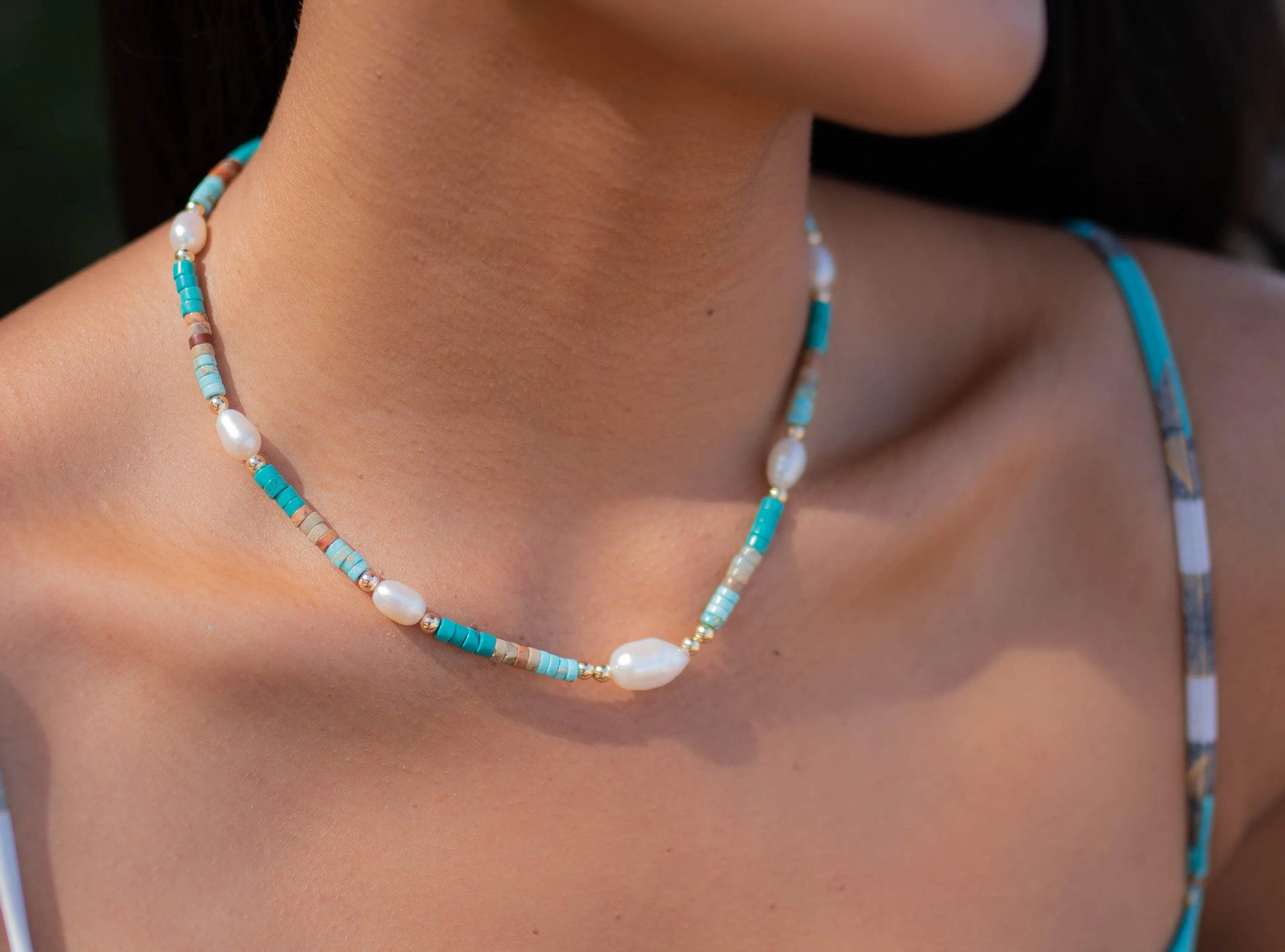 Turquoise and Pearl necklace~ Sterling Silver 925 or Gold Filled ~MN059