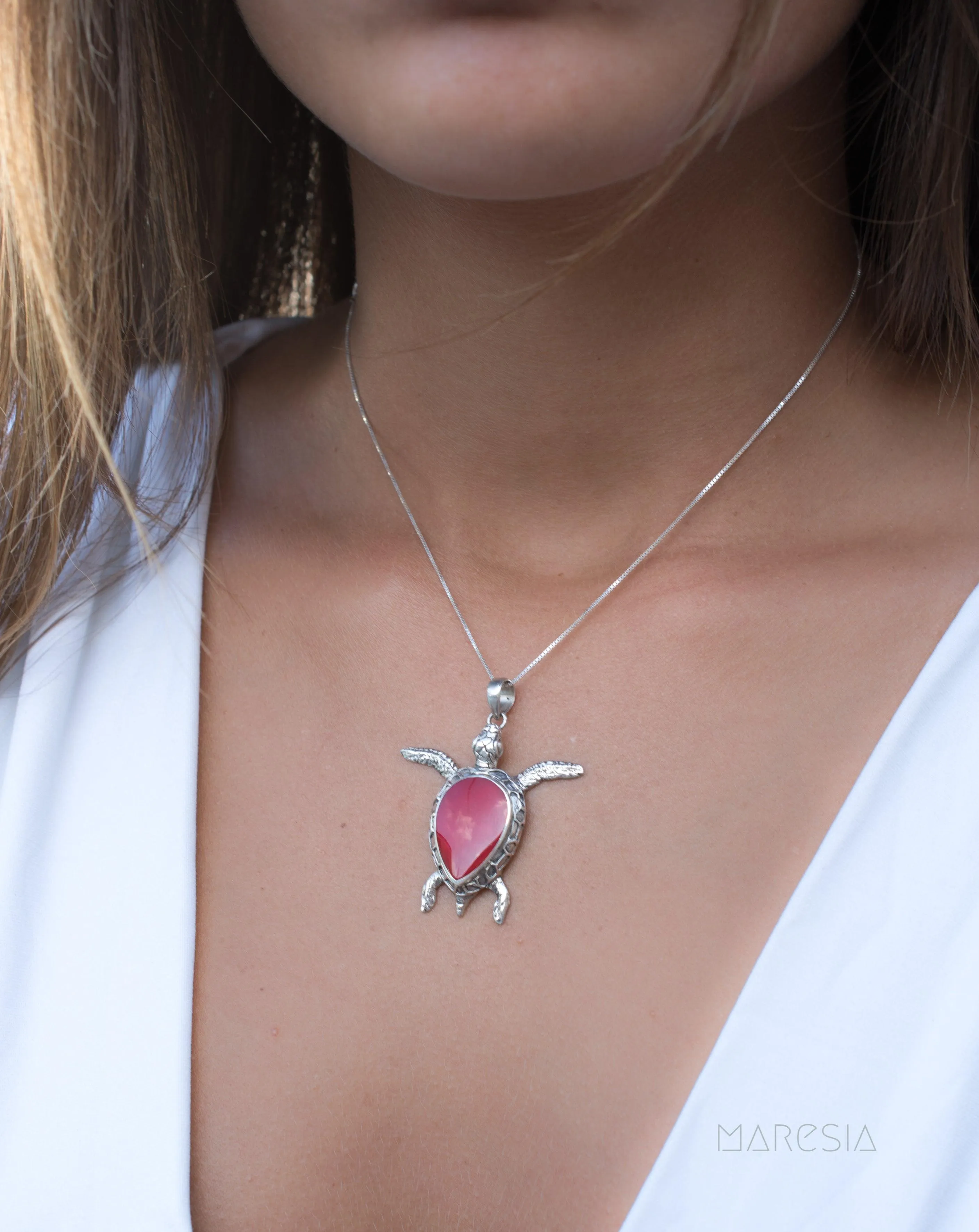 Turtle Large Pendant ~ Mother of Pearl  or Coral ~ Sterling Silver 925 ~SMP027